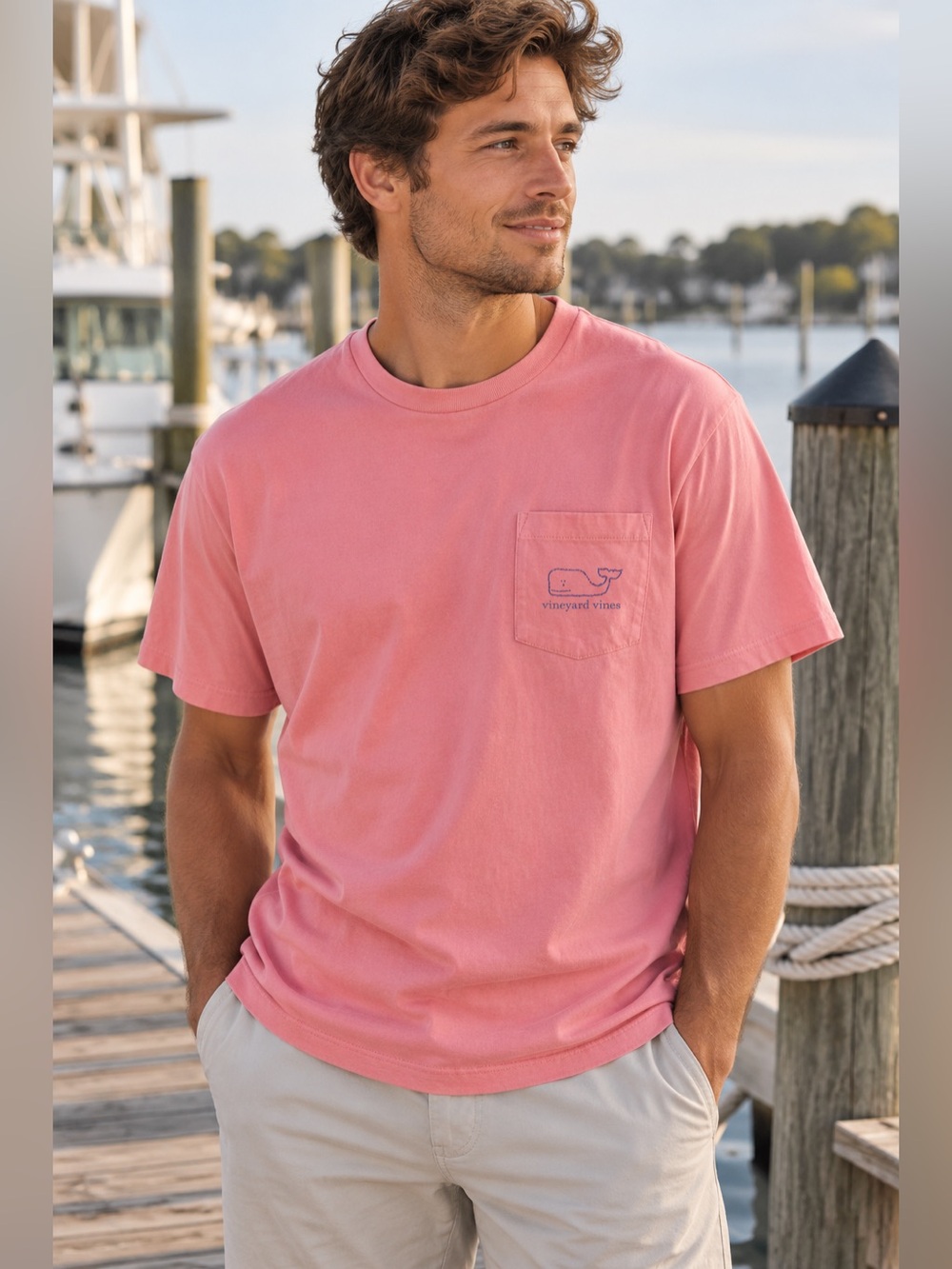 Vineyard Vines Whale Logo Pocket Tee Coral Pink Graphic Back Mens Large Preppy